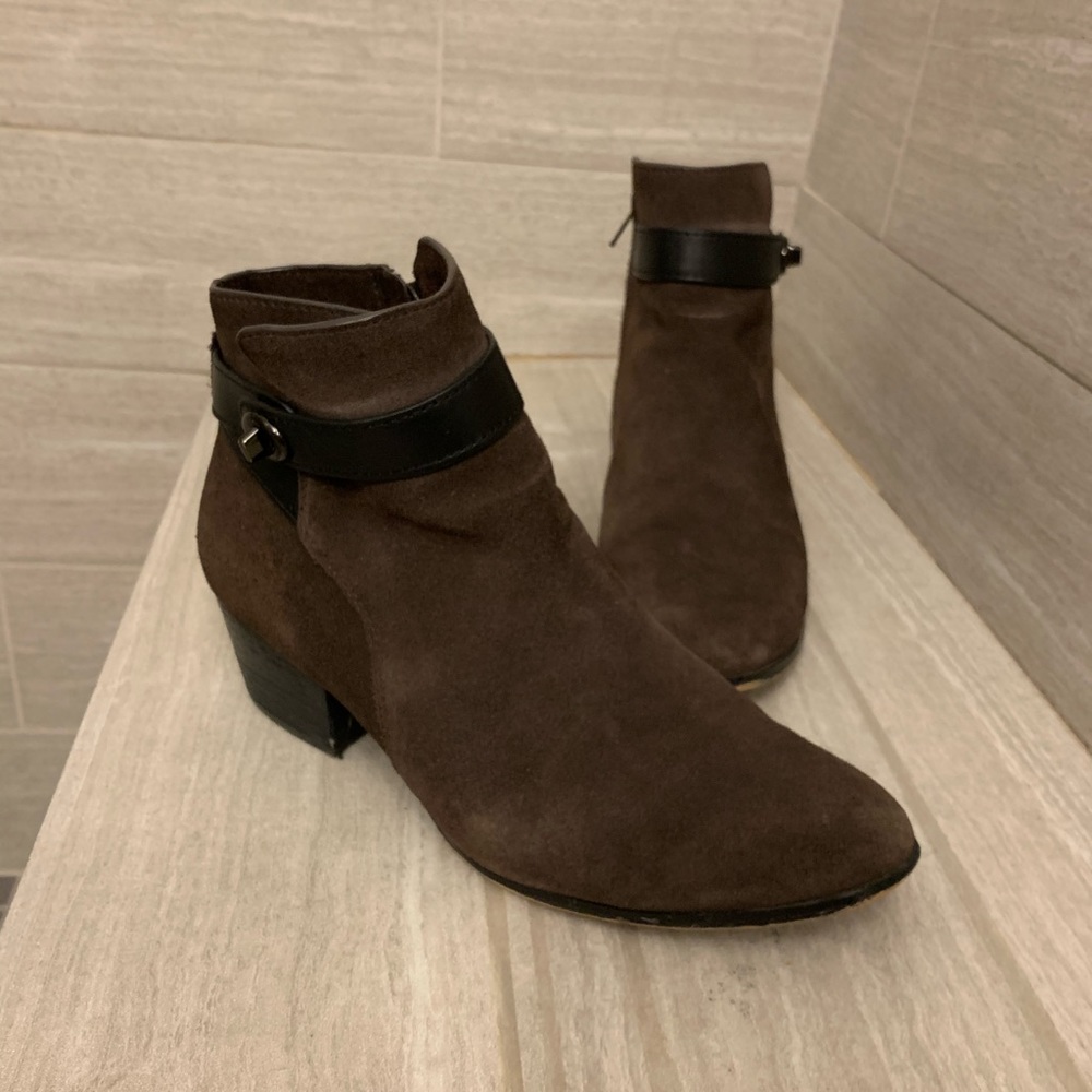 Coach Brown Leather Suede Patricia Block High Heel Booties Boots Evening Ankle 9